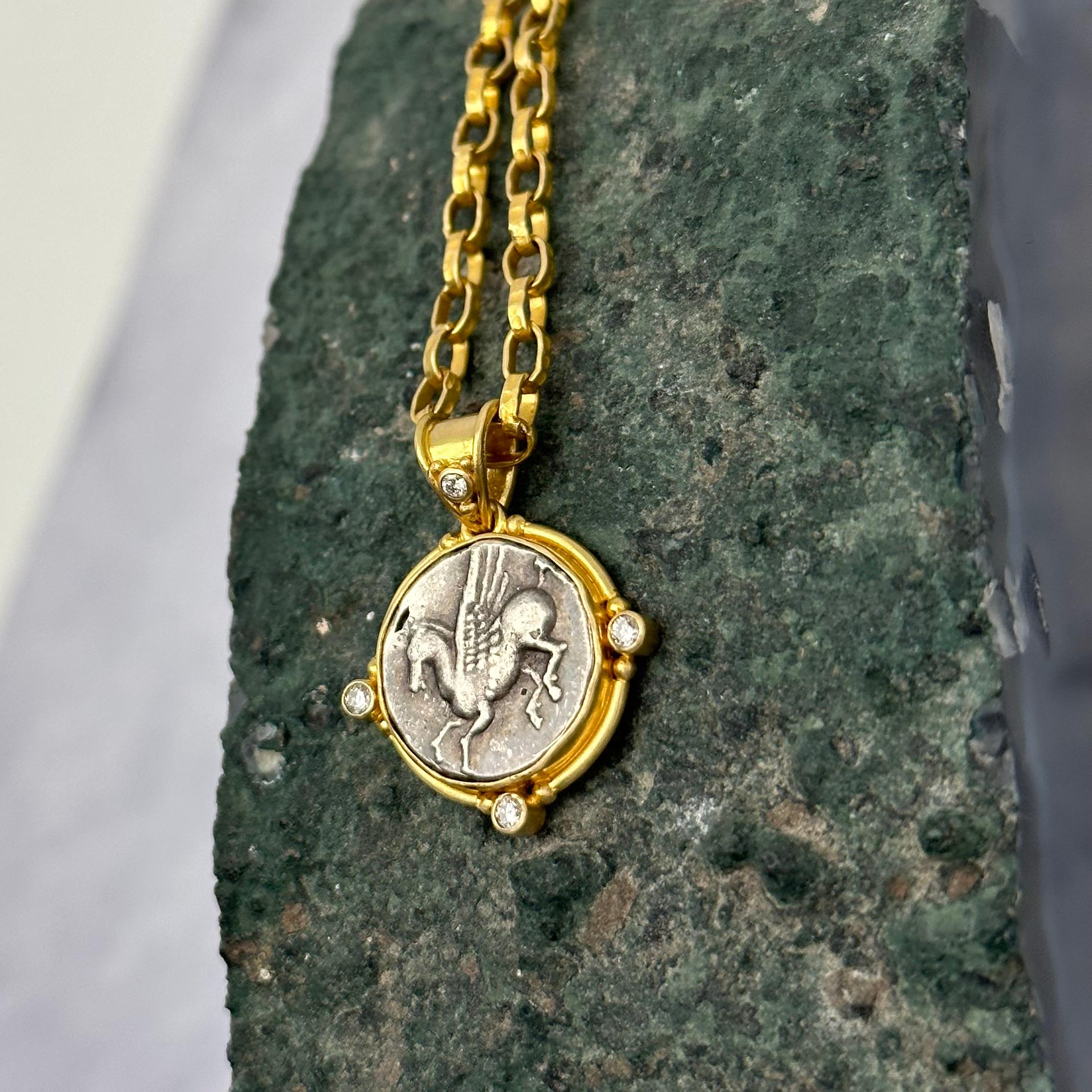 Rose Cut Ancient Greek 4th Century BC Corinth Pegasus Coin Diamonds 18K Gold Pendant