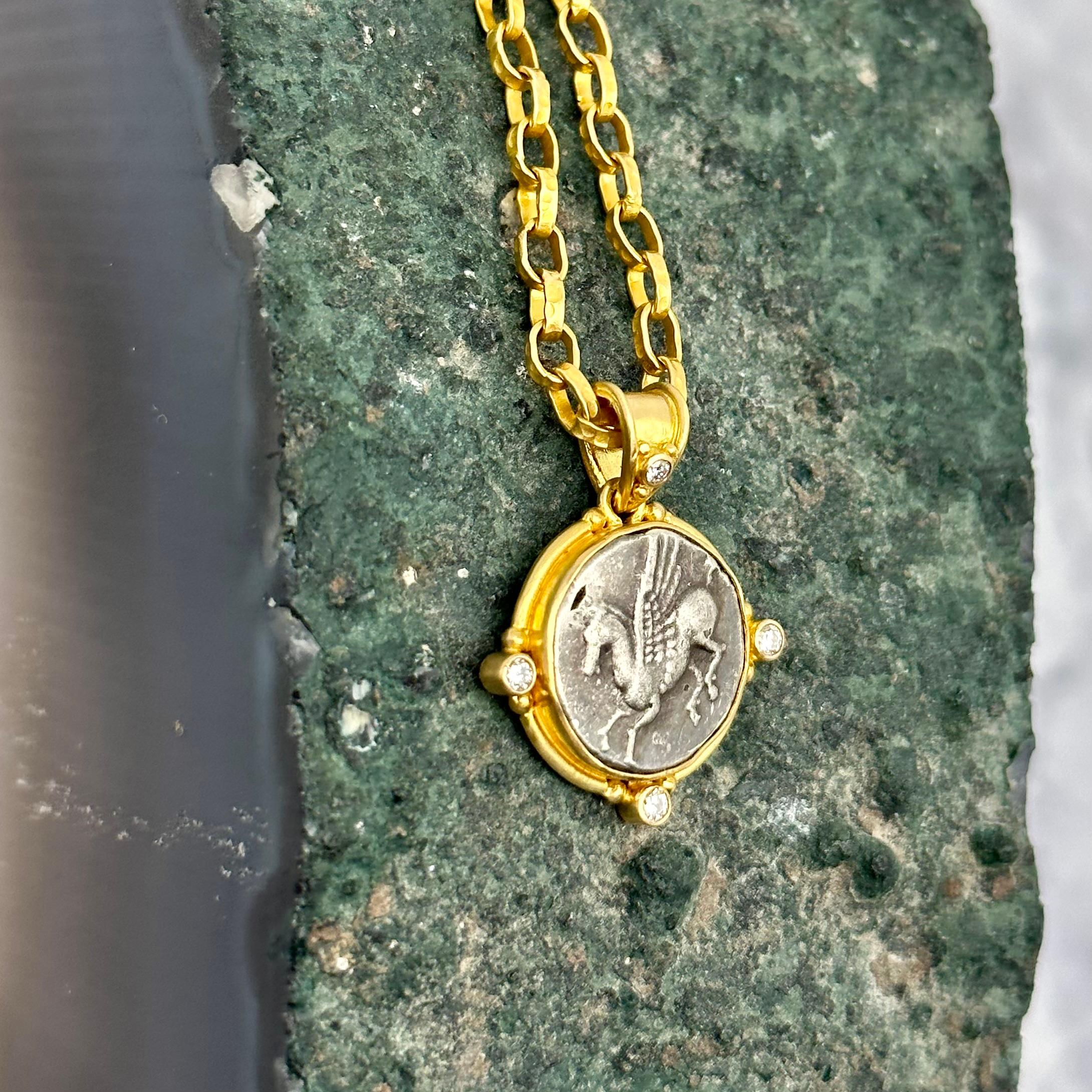 Ancient Greek 4th Century BC Corinth Pegasus Coin Diamonds 18K Gold Pendant In New Condition In Soquel, CA