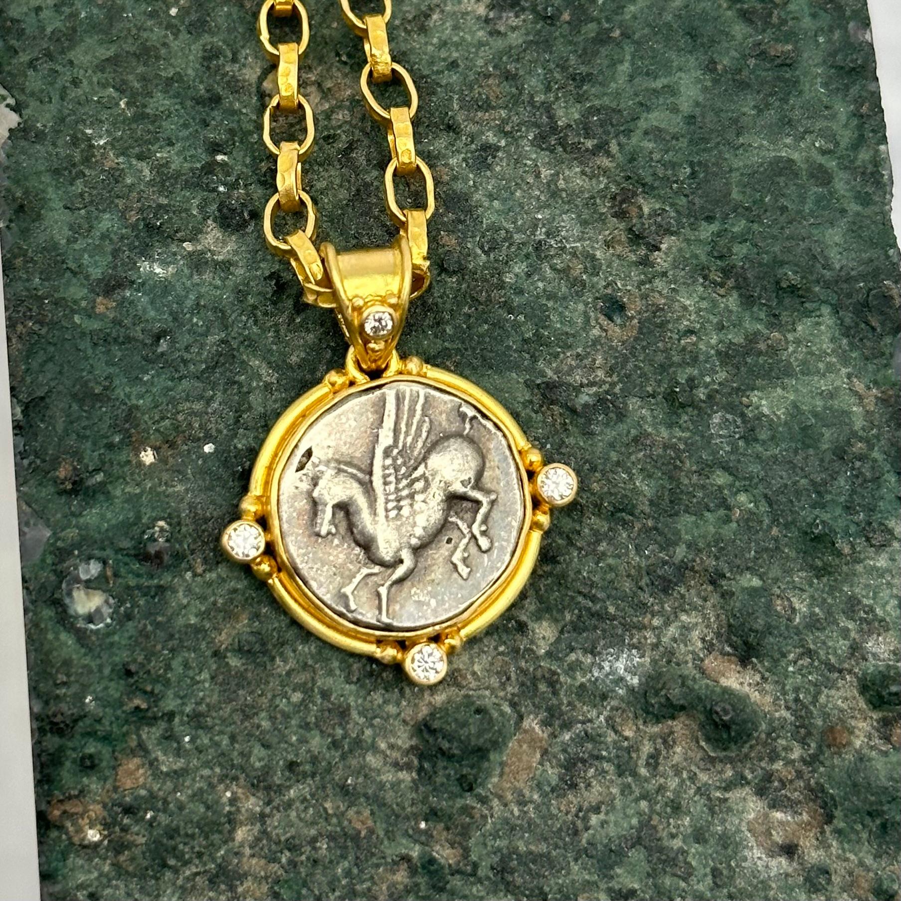Women's or Men's Ancient Greek 4th Century BC Corinth Pegasus Coin Diamonds 18K Gold Pendant