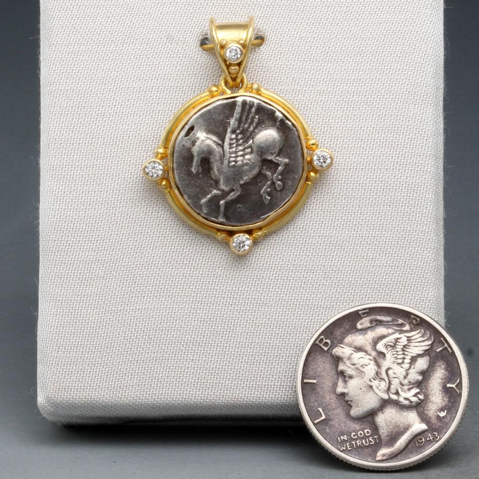 Ancient Greek 4th Century BC Corinth Pegasus Coin Diamonds 18K Gold Pendant 1