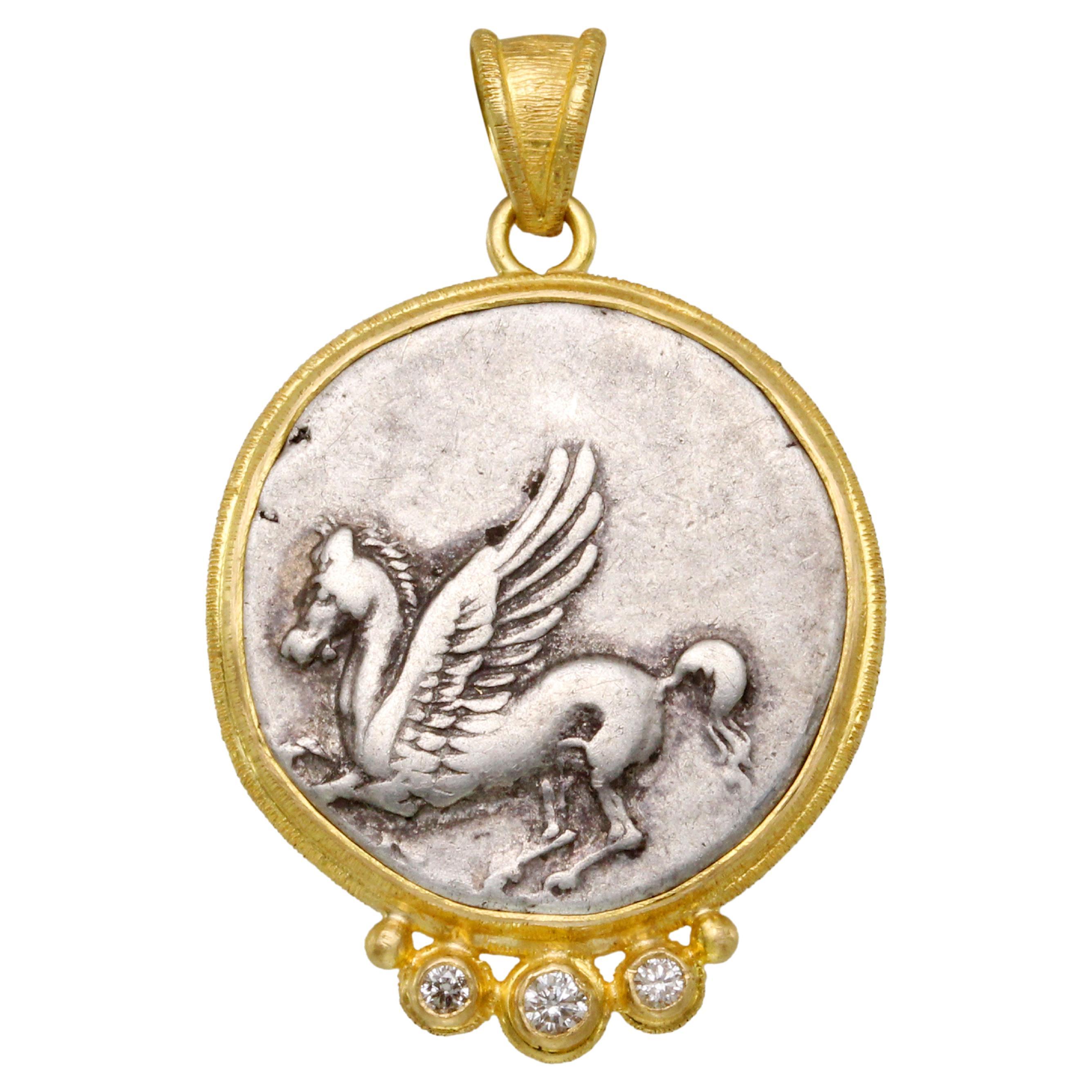 Ancient Greek 4th Century Bc Corinth Pegasus Coin Diamonds 18k Gold Pendant For Sale