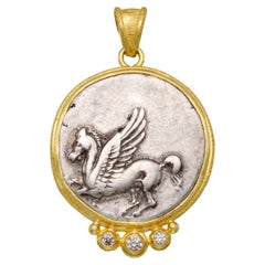 Ancient Greek 4th Century Bc Corinth Pegasus Coin Diamonds 18k Gold Pendant