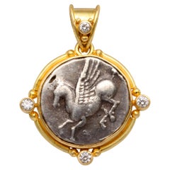 Ancient Greek 4th Century BC Corinth Pegasus Coin Diamonds 18K Gold Pendant