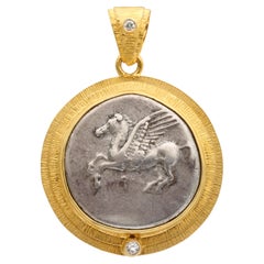 Ancient Greek 4th Century BC Corinth Pegasus Coin Diamonds 18K Gold Pendant
