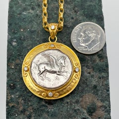 Ancient Greek 4th Century BC Corinth Pegasus Coin Diamonds 22K Gold Pendant