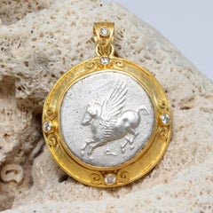 Ancient Greek 4th Century BC Corinth Pegasus Coin Diamonds 22K Gold Pendant