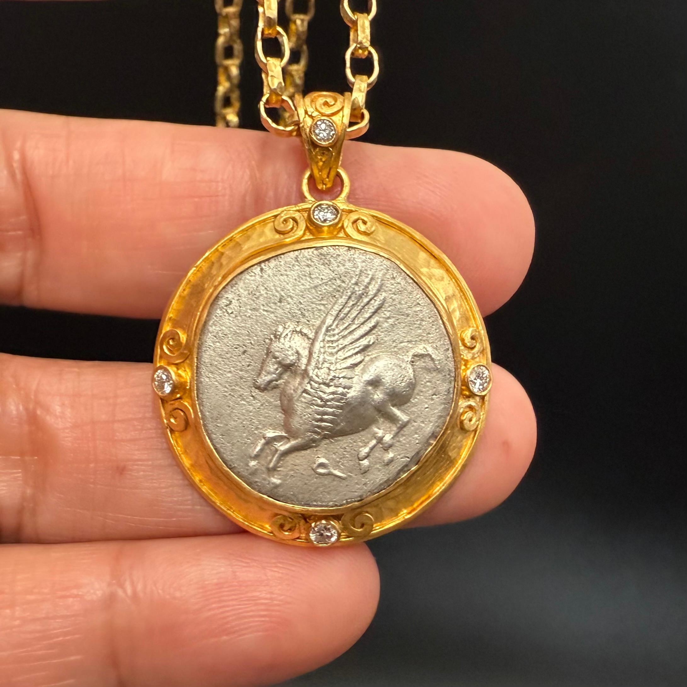 Pendentif en or 22K de l'ancienne Grèce du IVe siècle av. J.-C. Corinthe Pegasus Coin Diamants Neuf - En vente à Soquel, CA