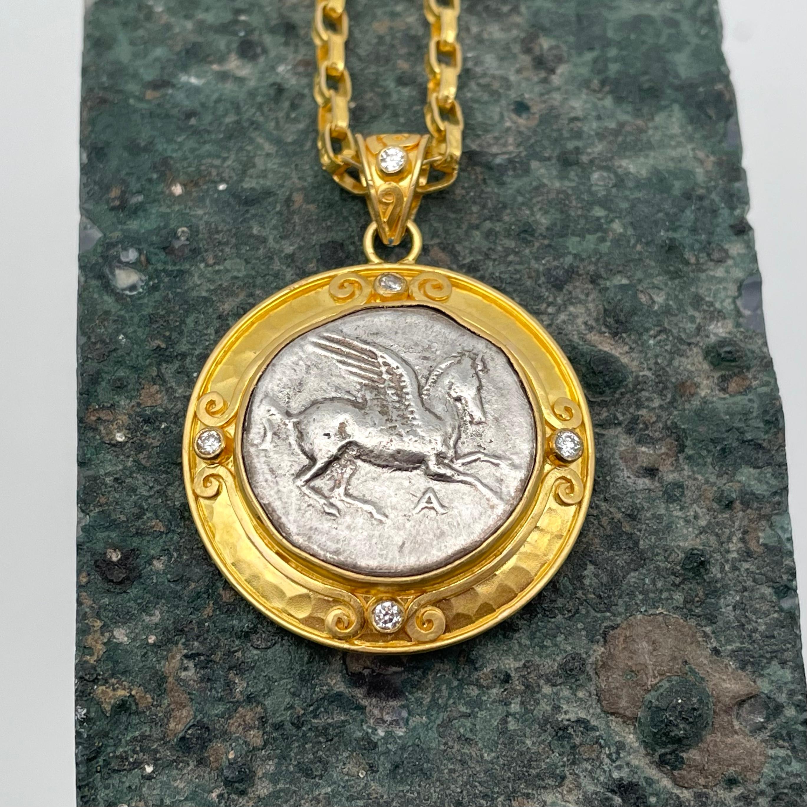 Classical Greek Ancient Greek 4th Century BC Corinth Pegasus Coin Diamonds 22K Gold Pendant