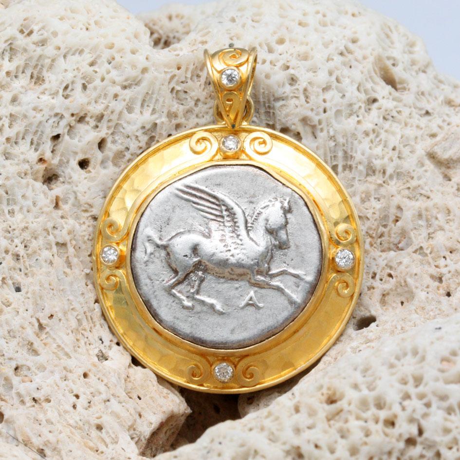 Rose Cut Ancient Greek 4th Century BC Corinth Pegasus Coin Diamonds 22K Gold Pendant