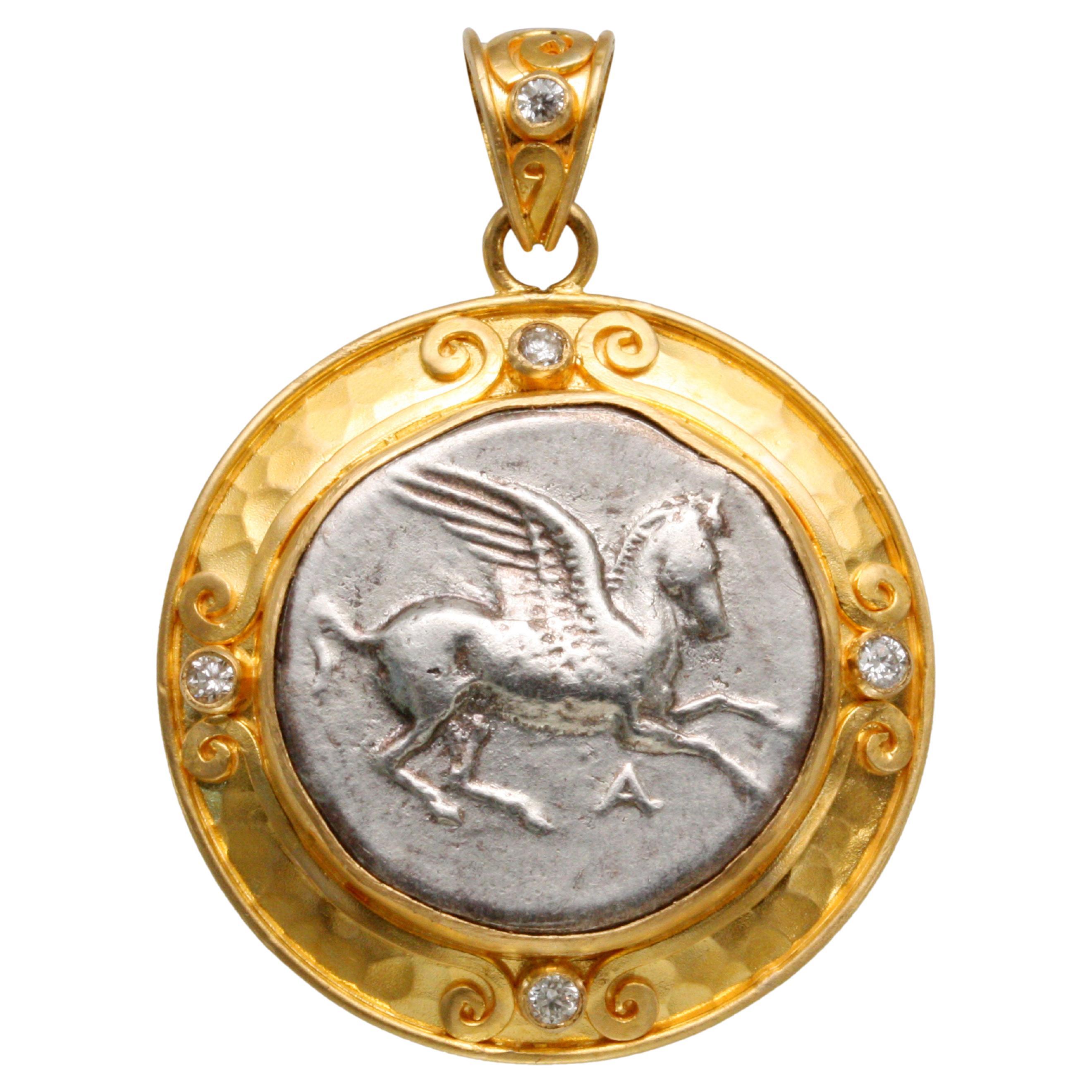 Ancient Greek 4th Century BC Corinth Pegasus Coin Diamonds 22K Gold Pendant