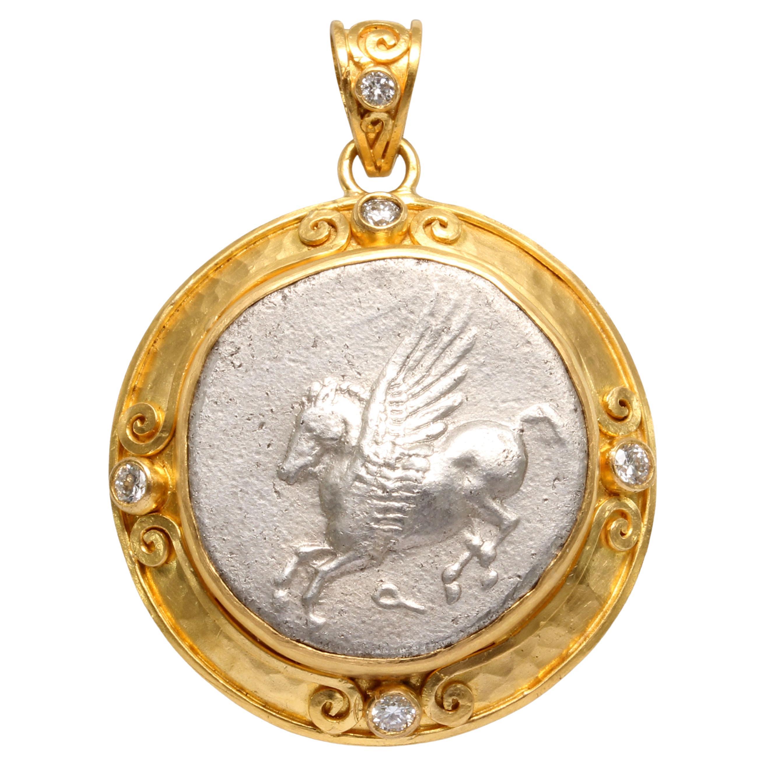 Ancient Greek 4th Century BC Corinth Pegasus Coin Diamonds 22K Gold Pendant