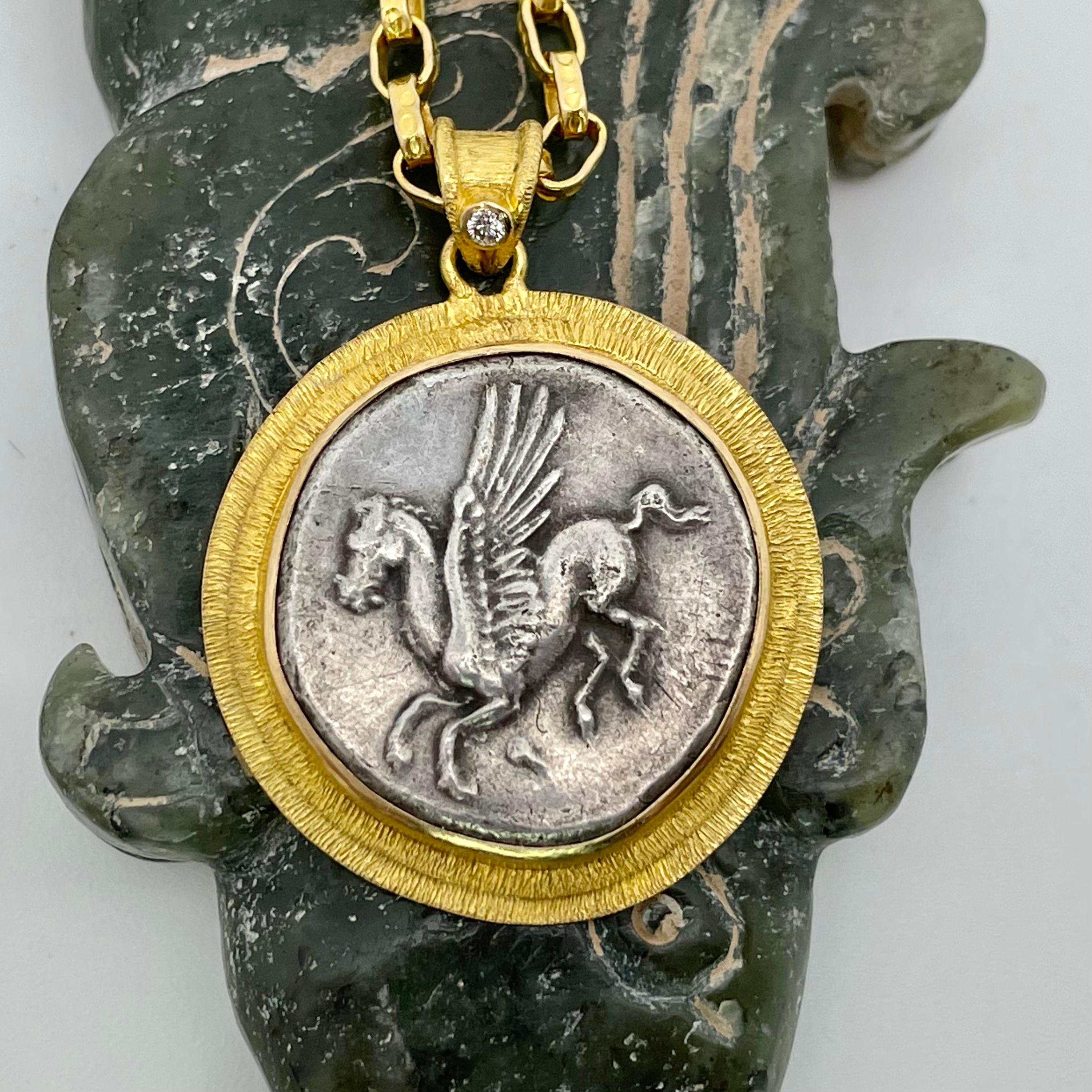 Rose Cut Ancient Greek 4th Century BC Corinth Pegasus Stater Diamond 18K Gold Pendant For Sale