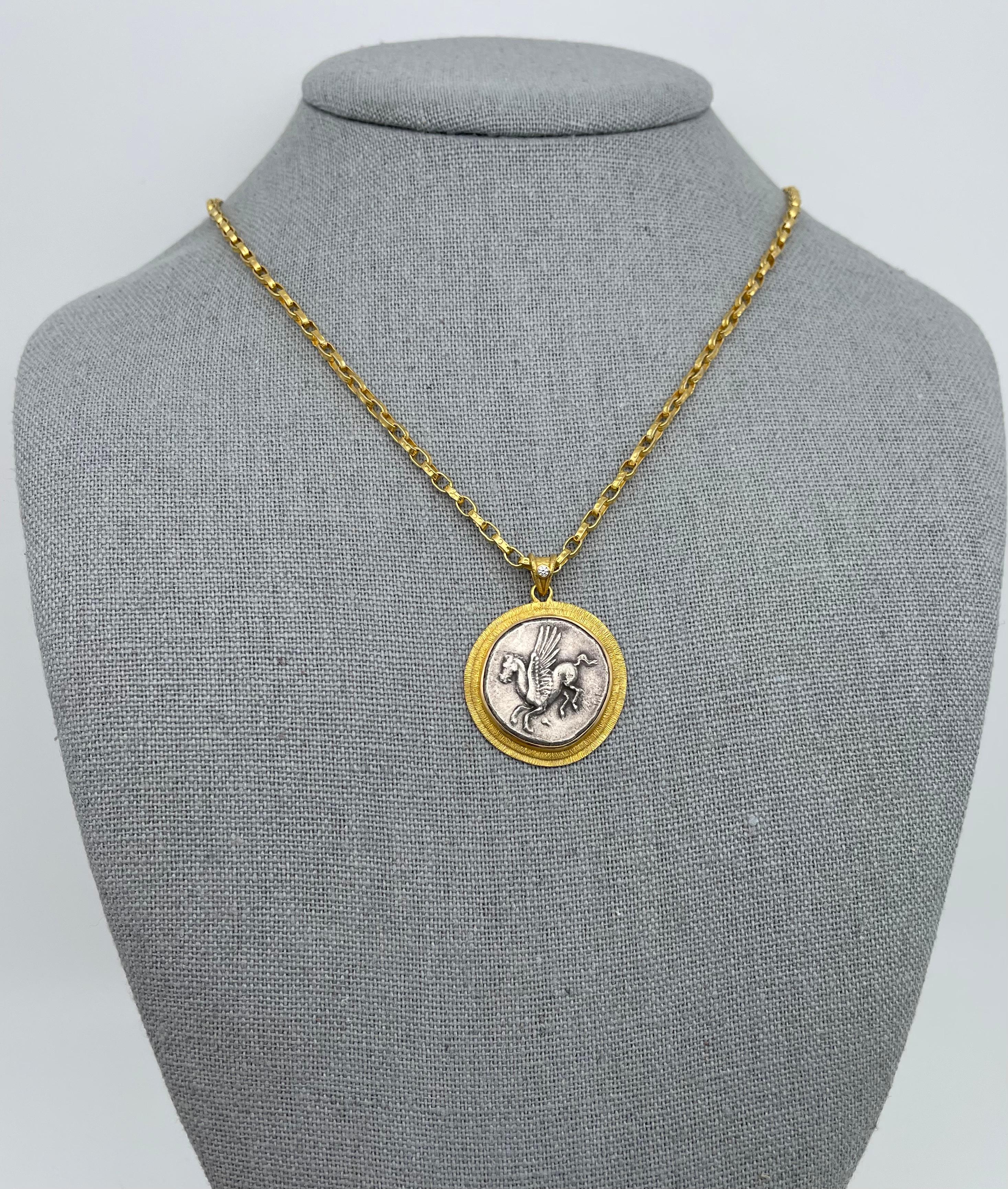 Classical Greek Ancient Greek 4th Century BC Corinth Pegasus Stater Diamond 18K Gold Pendant For Sale