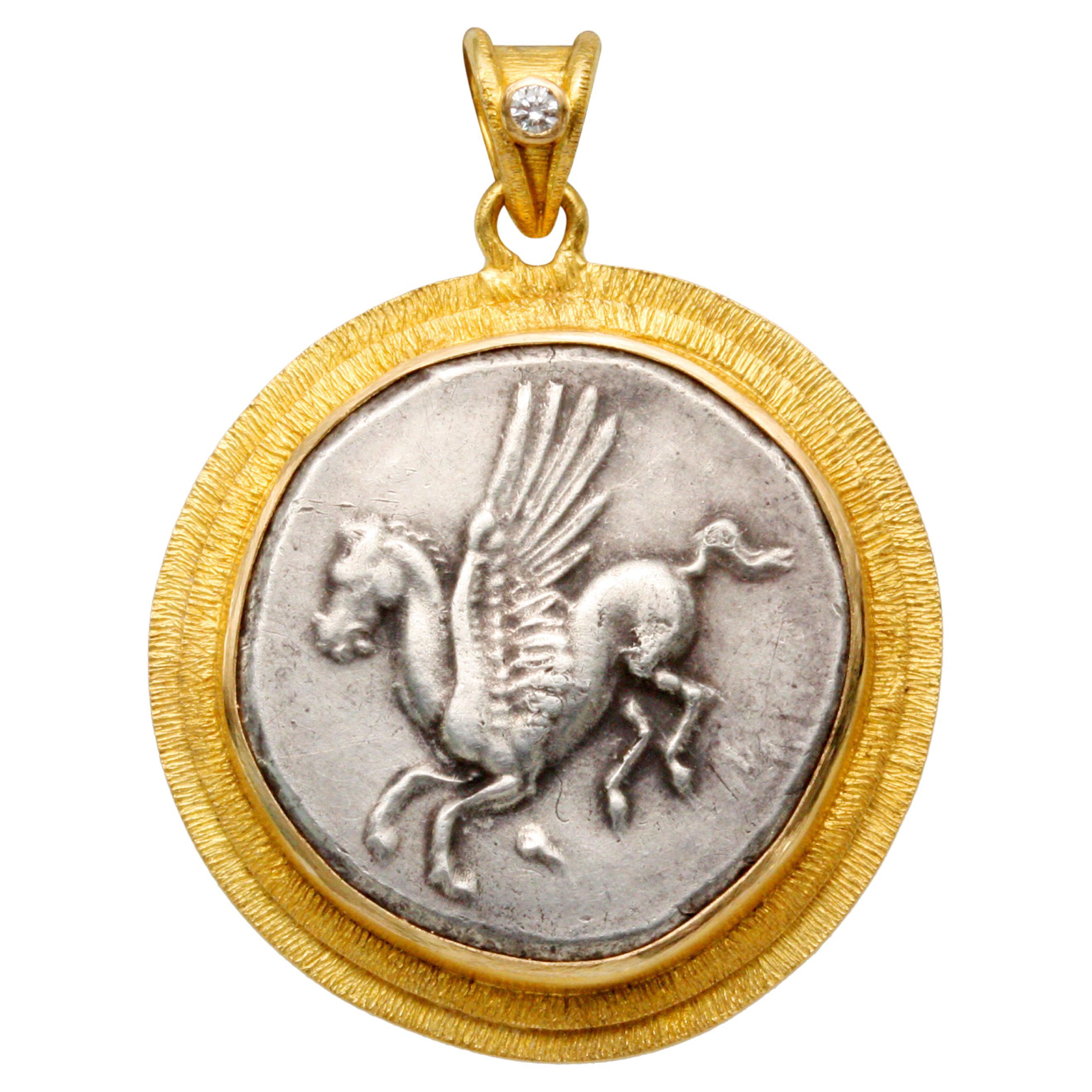 Ancient Greek 4th Century BC Corinth Pegasus Stater Diamond 18K Gold Pendant