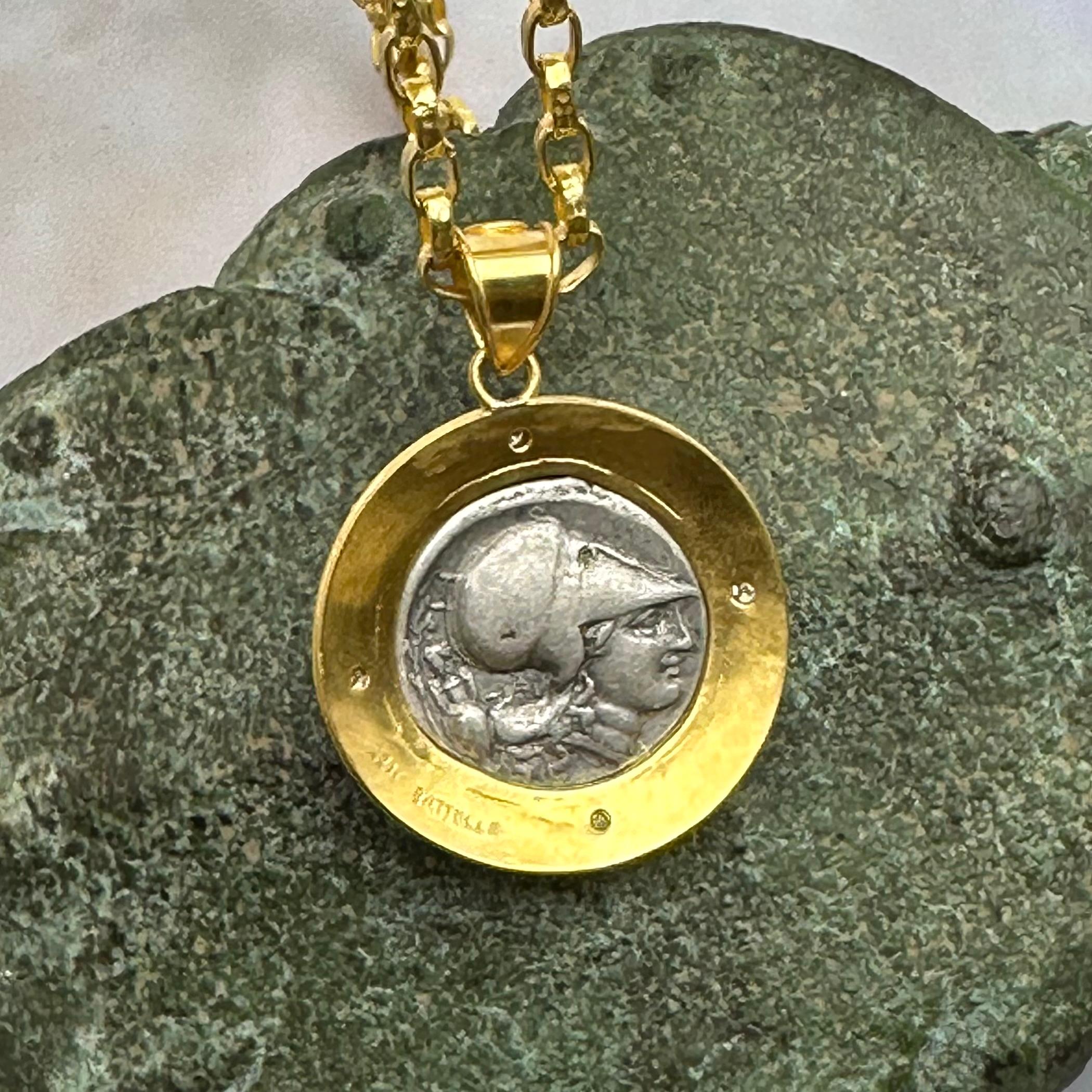 Ancient Greek 4th Century BC Corinthian Pegasus Coin Diamonds 22K Gold Pendant For Sale 3