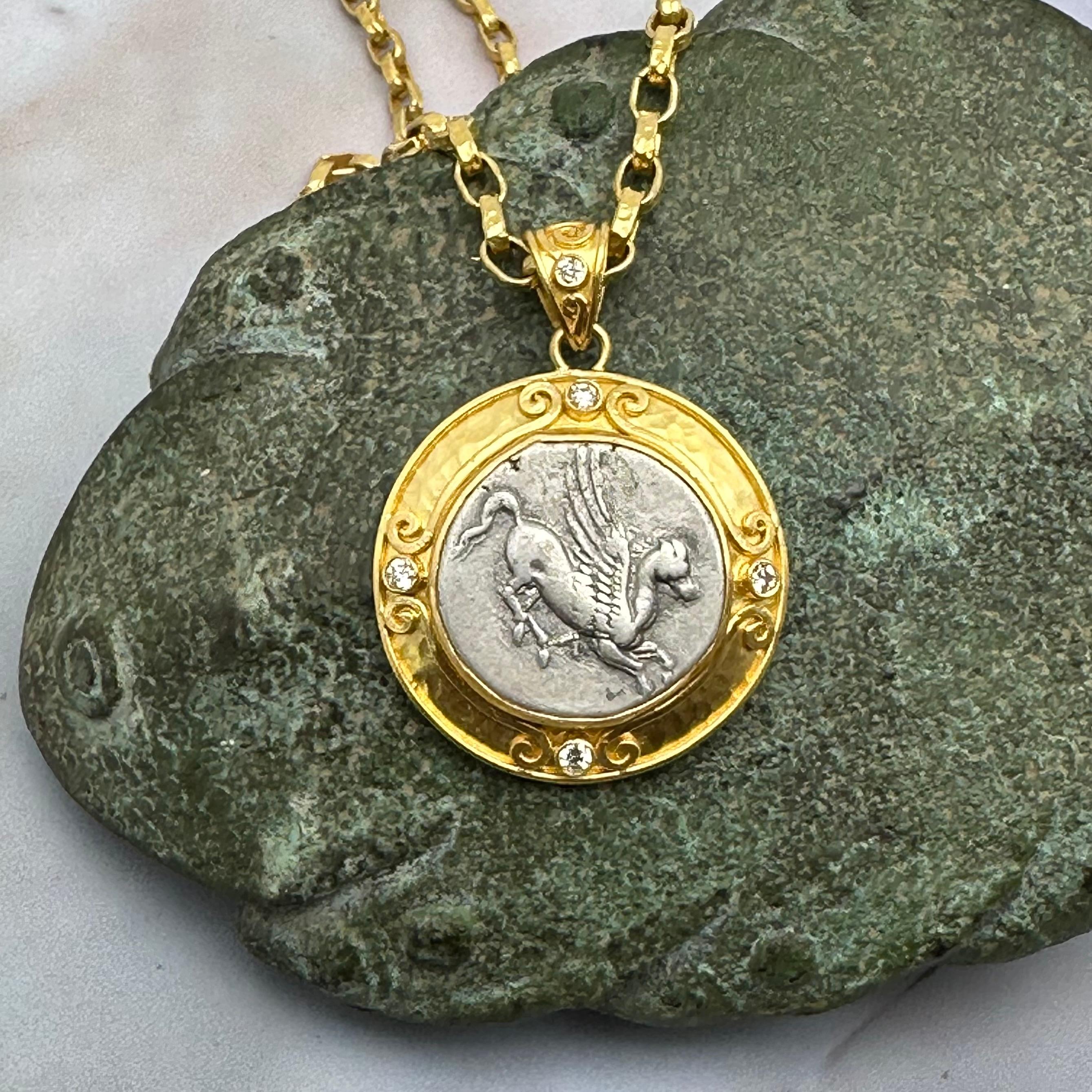 Ancient Greek 4th Century BC Corinthian Pegasus Coin Diamonds 22K Gold Pendant For Sale 4
