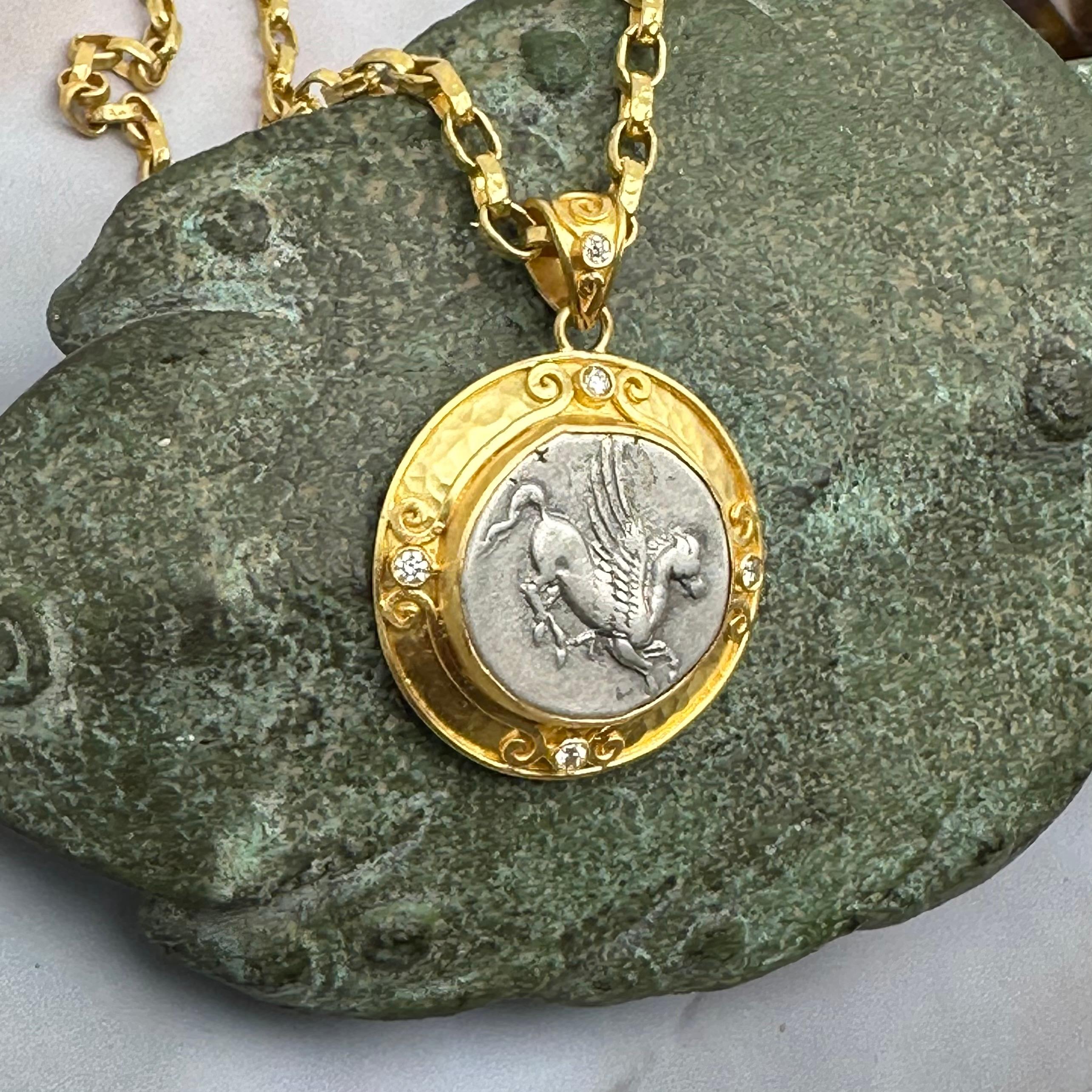 Ancient Greek 4th Century BC Corinthian Pegasus Coin Diamonds 22K Gold Pendant For Sale 5