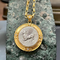 Ancient Greek 4th Century BC Pegasus Coin Diamond 22K Gold Pendant 22" 18K Chain