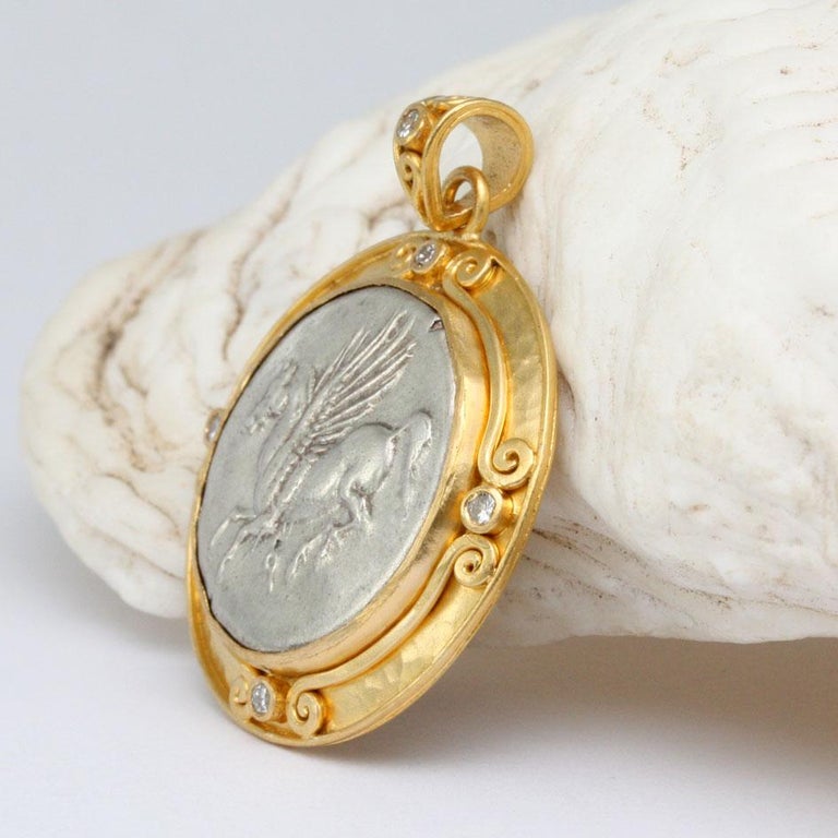 Classical Greek Ancient Greek 4th Century BC Corinthian Pegasus Coin Diamonds 22K Gold Pendant For Sale