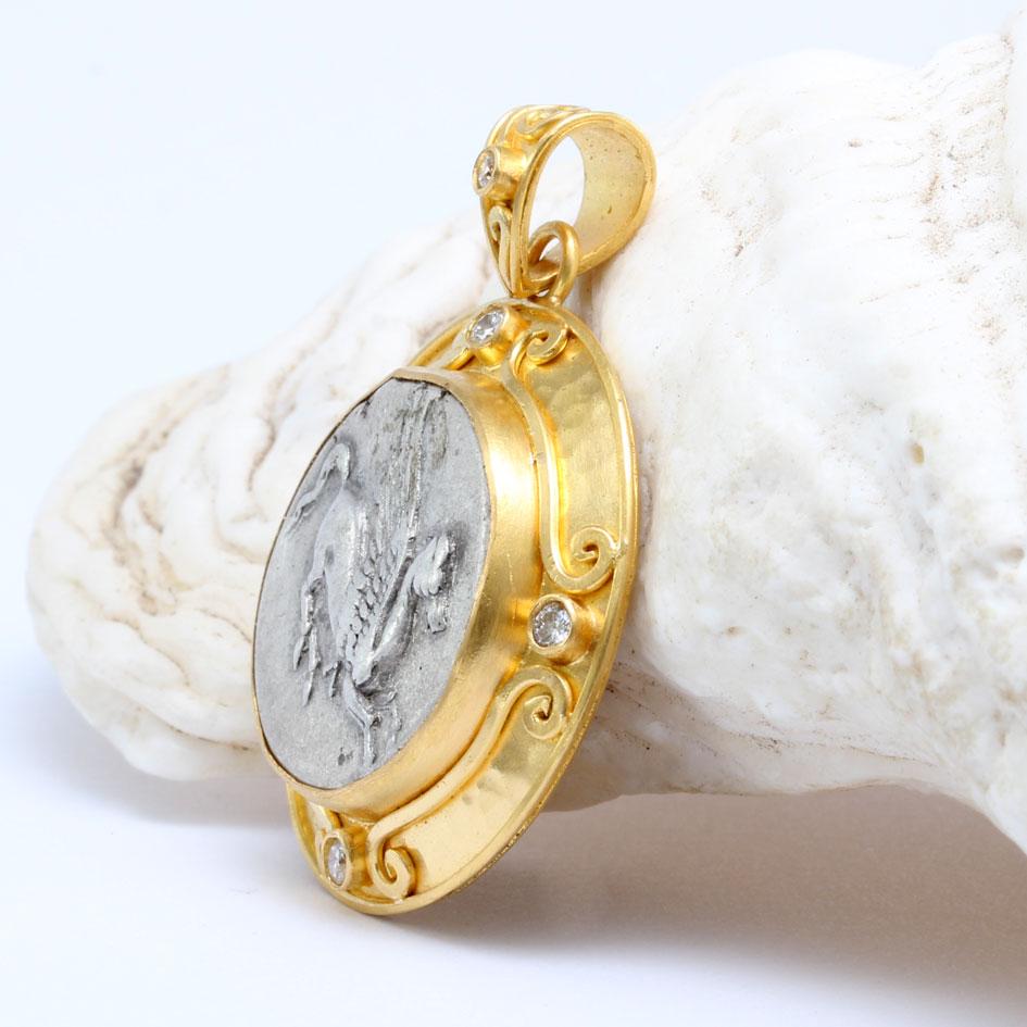 Classical Greek Ancient Greek 4th Century BC Corinthian Pegasus Coin Diamonds 22K Gold Pendant For Sale