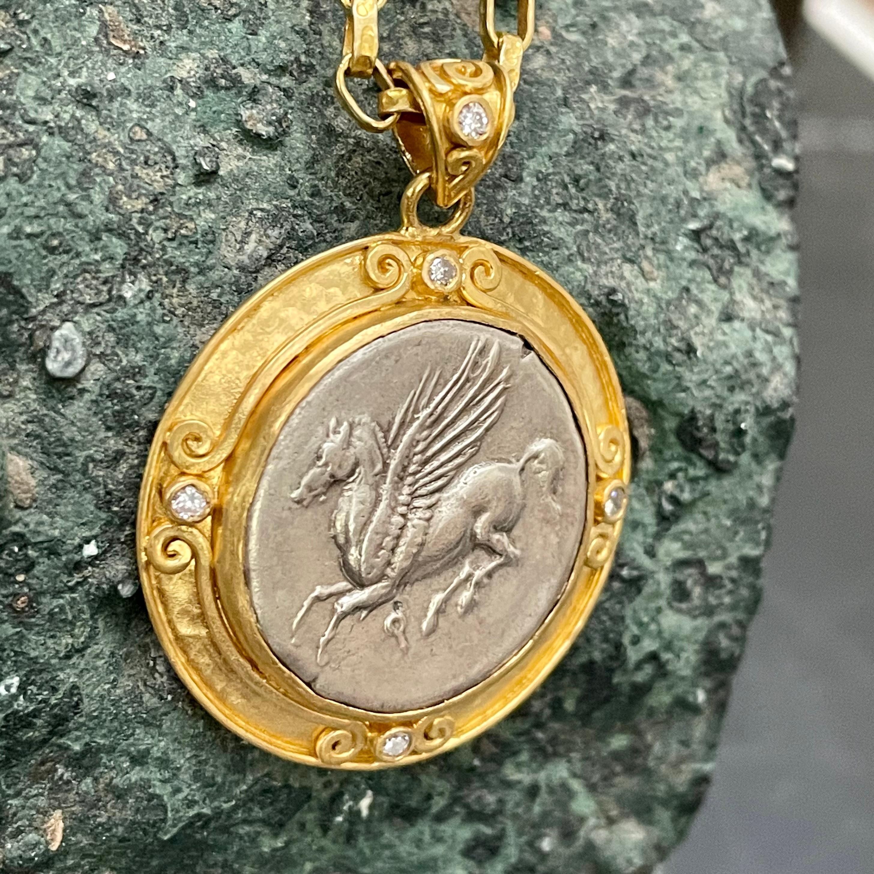 Ancient Greek 4th Century BC Pegasus Coin Diamond 22K Gold Pendant 22