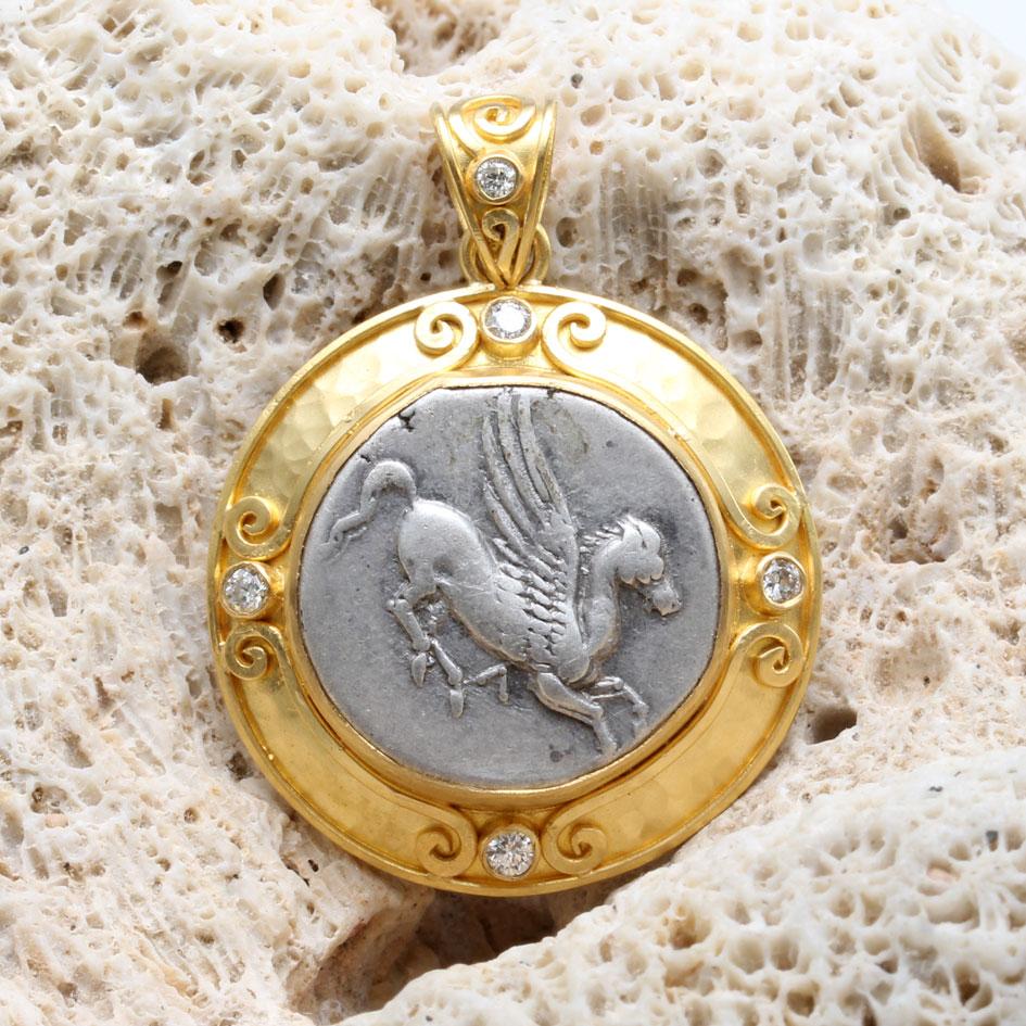 Rose Cut Ancient Greek 4th Century BC Corinthian Pegasus Coin Diamonds 22K Gold Pendant For Sale