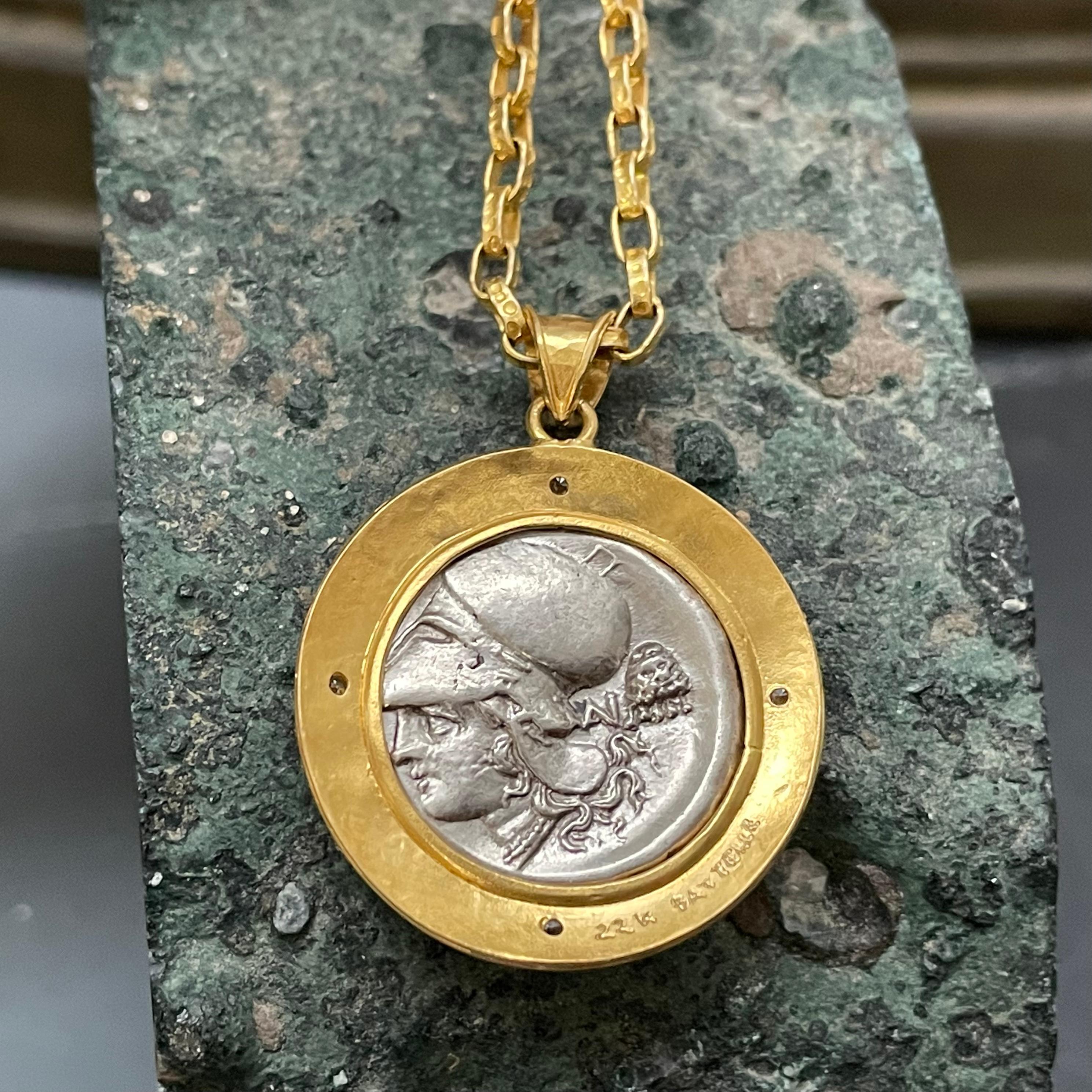 Women's or Men's Ancient Greek 4th Century BC Pegasus Coin Diamond 22K Gold Pendant 22