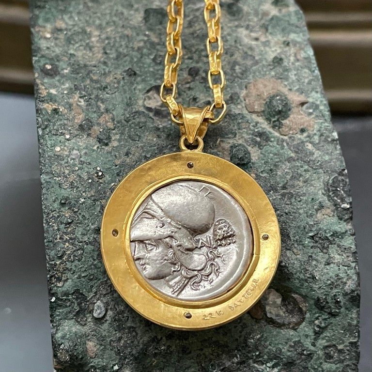 Women's or Men's Ancient Greek 4th Century BC Corinthian Pegasus Coin Diamonds 22K Gold Pendant For Sale