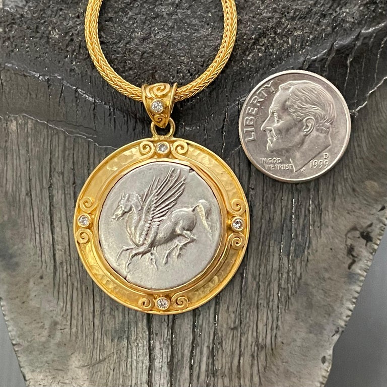 Ancient Greek 4th Century BC Corinthian Pegasus Coin Diamonds 22K Gold Pendant For Sale 1