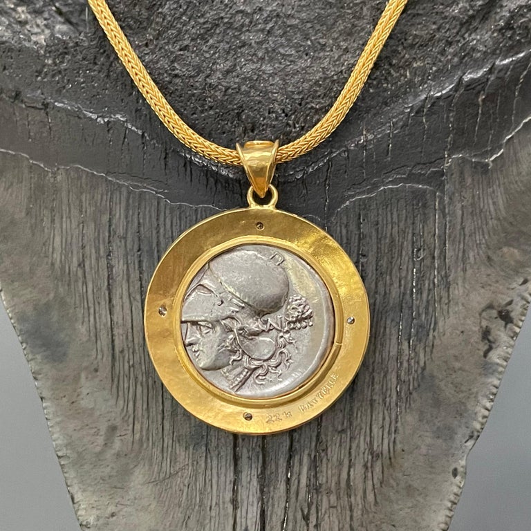 Ancient Greek 4th Century BC Corinthian Pegasus Coin Diamonds 22K Gold Pendant For Sale 2