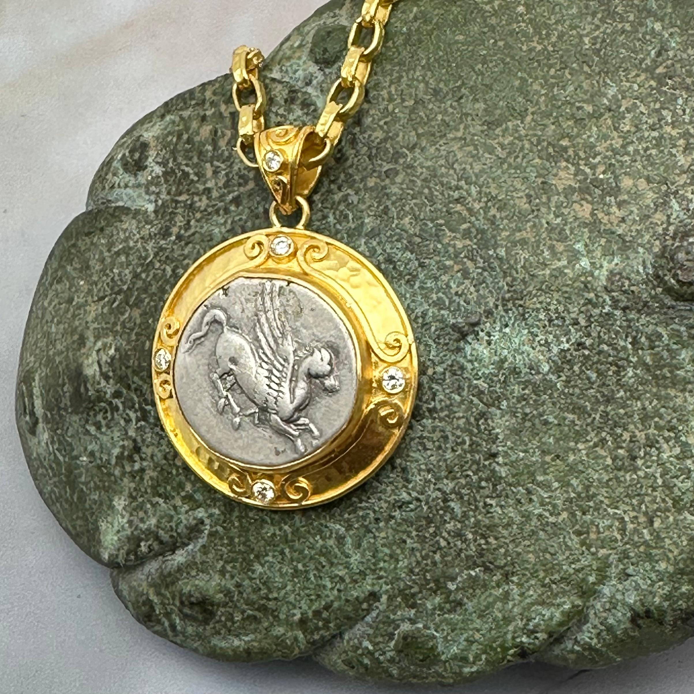 Ancient Greek 4th Century BC Corinthian Pegasus Coin Diamonds 22K Gold Pendant For Sale 2
