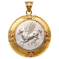 Ancient Greek 4th Century BC Corinthian Pegasus Coin Diamonds 22K Gold Pendant