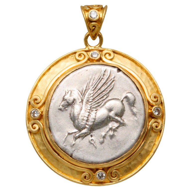Ancient Greek 4th Century BC Corinthian Pegasus Coin Diamonds 22K Gold Pendant For Sale