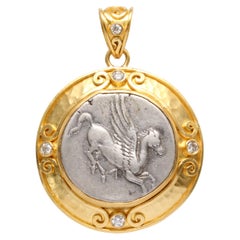 Ancient Greek 4th Century BC Corinthian Pegasus Coin Diamonds 22K Gold Pendant