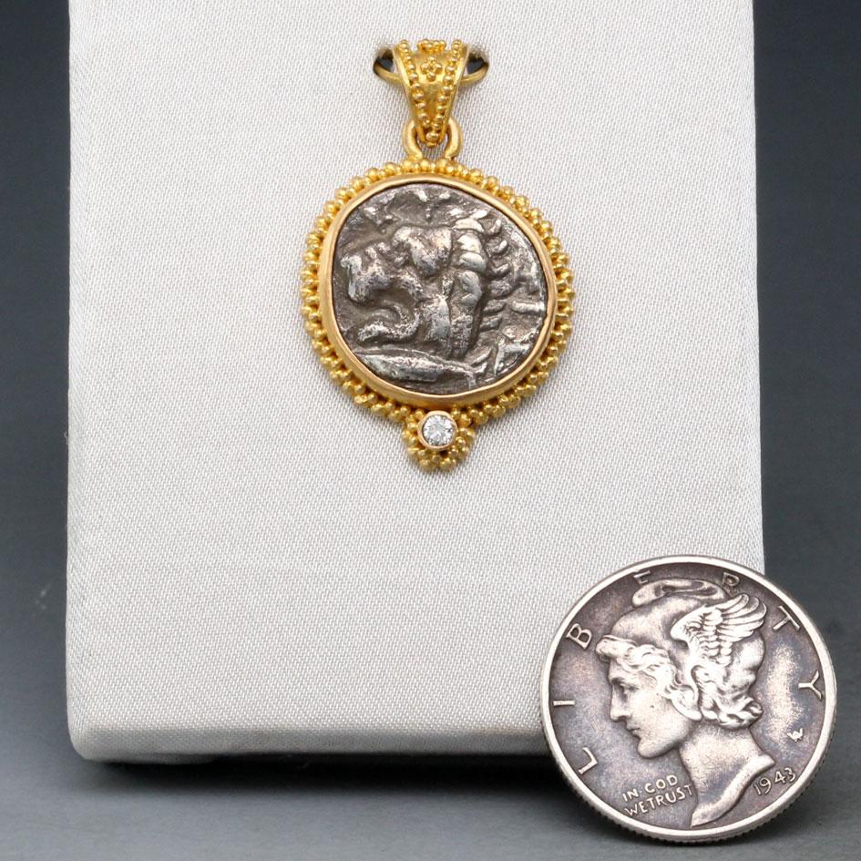 Classical Greek Ancient Greek 4th Century BC Cyzikos Lion Coin Diamond 22K Gold Pendant For Sale