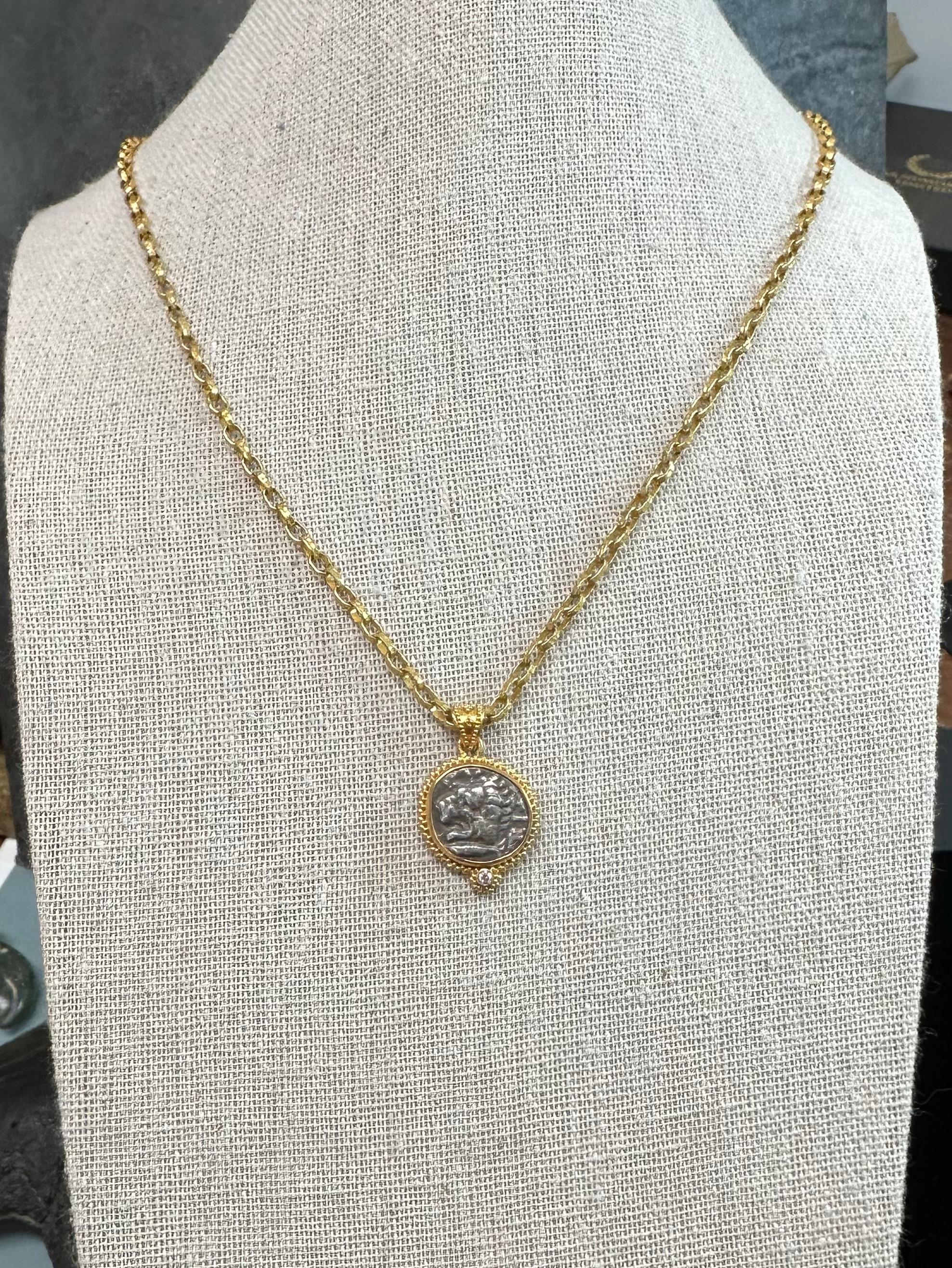 Women's or Men's Ancient Greek 4th Century BC Cyzikos Lion Coin Diamond 22K Gold Pendant For Sale