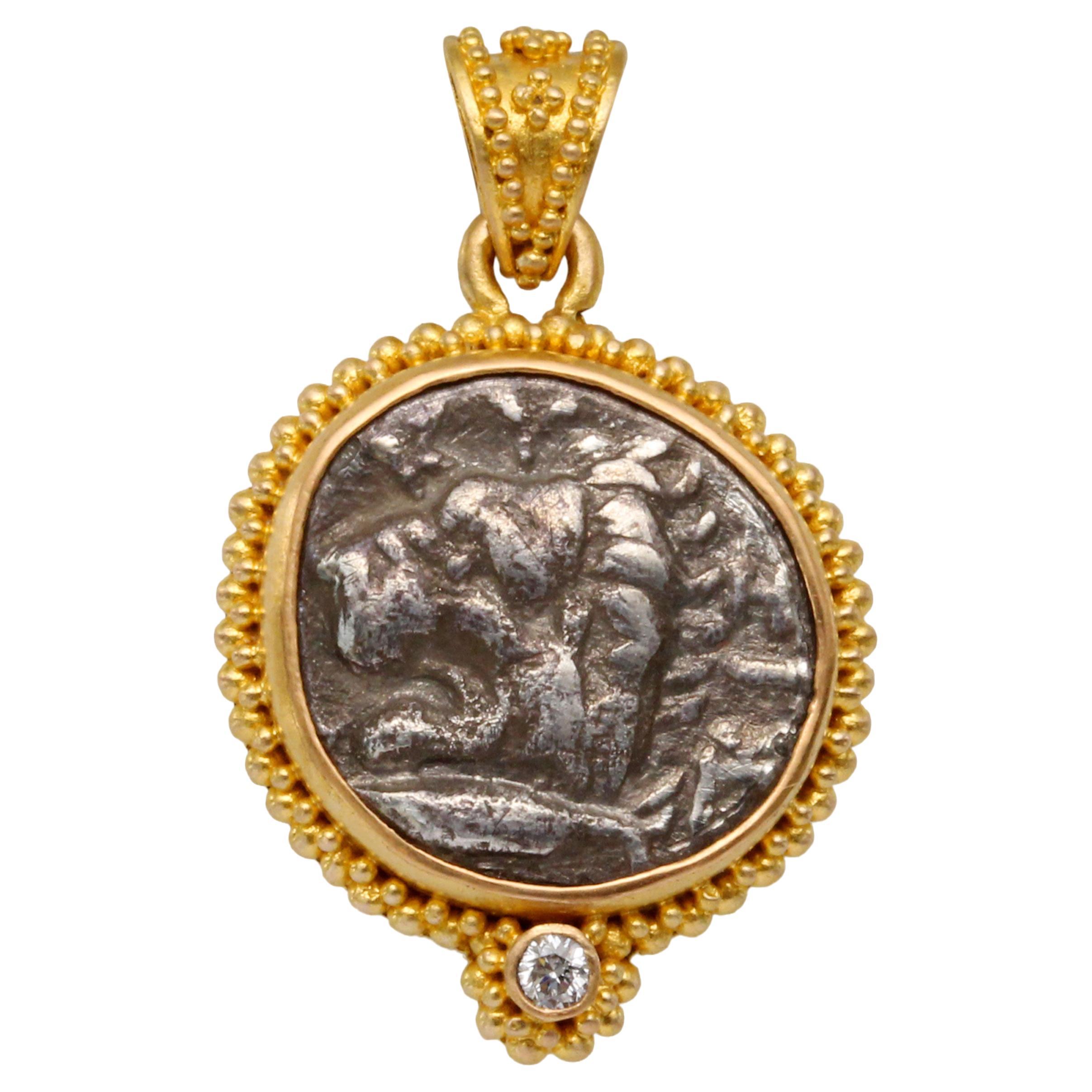 Pendentif en or 22K Cyzikos, pièce de monnaie du lion de l'Antiquité grecque du 4ème siècle avant J.C., avec diamant