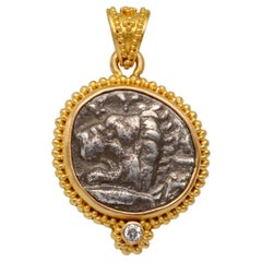Antique Ancient Greek 4th Century BC Cyzikos Lion Coin Diamond 22K Gold Pendant