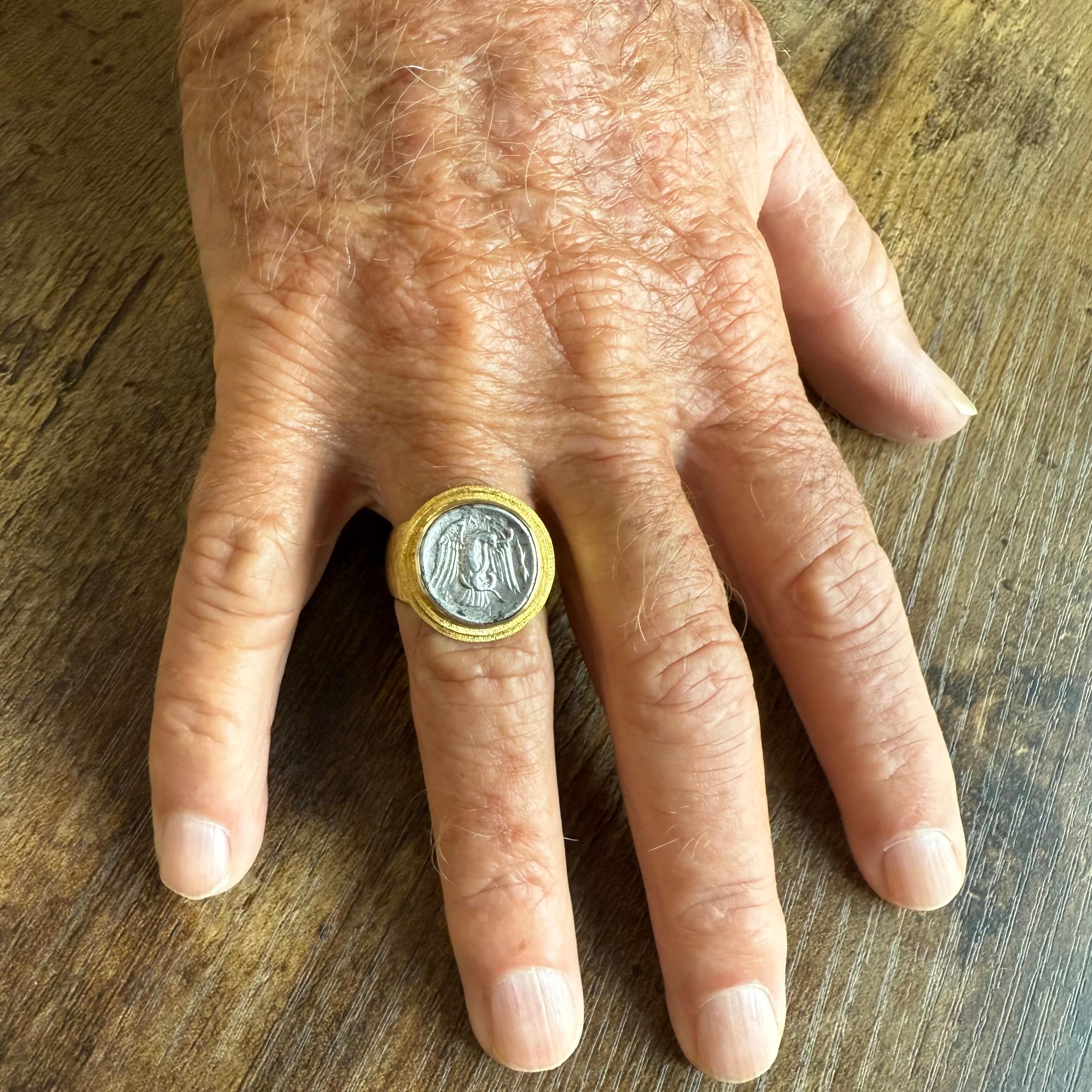 Ancient Greek 4th Century BC Eagle Coin 18K Gold Mens Ring For Sale 6