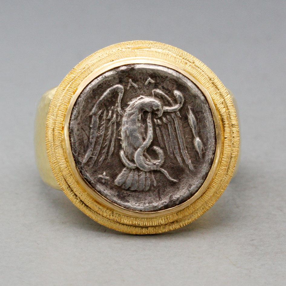 Classical Greek Ancient Greek 4th Century BC Eagle Coin 18K Gold Mens Ring For Sale
