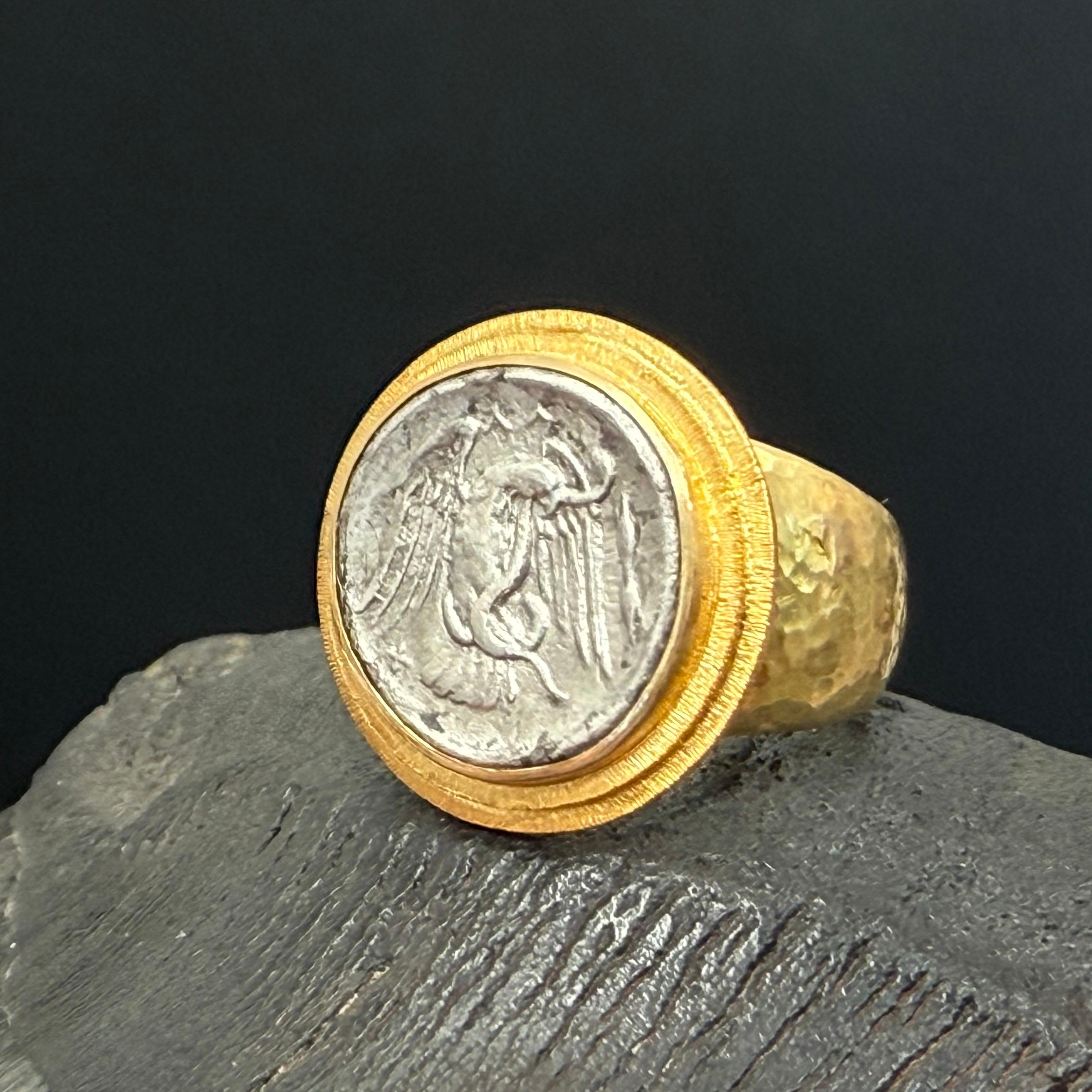 Women's or Men's Ancient Greek 4th Century BC Eagle Coin 18K Gold Mens Ring For Sale