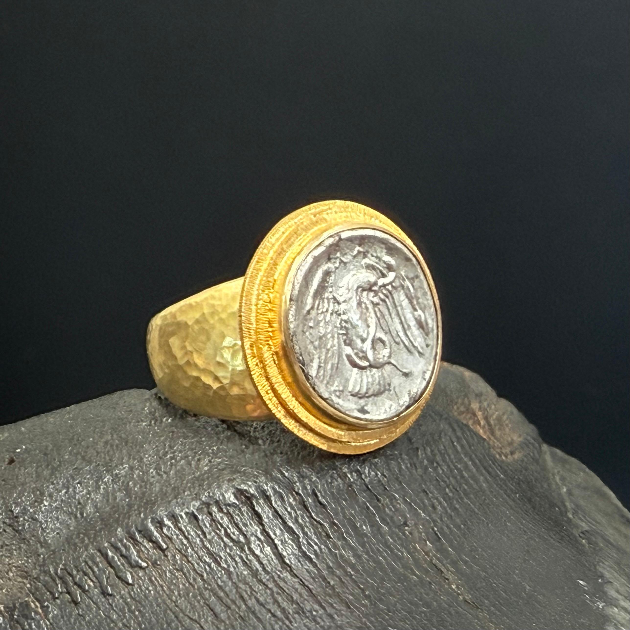 Ancient Greek 4th Century BC Eagle Coin 18K Gold Mens Ring For Sale 1