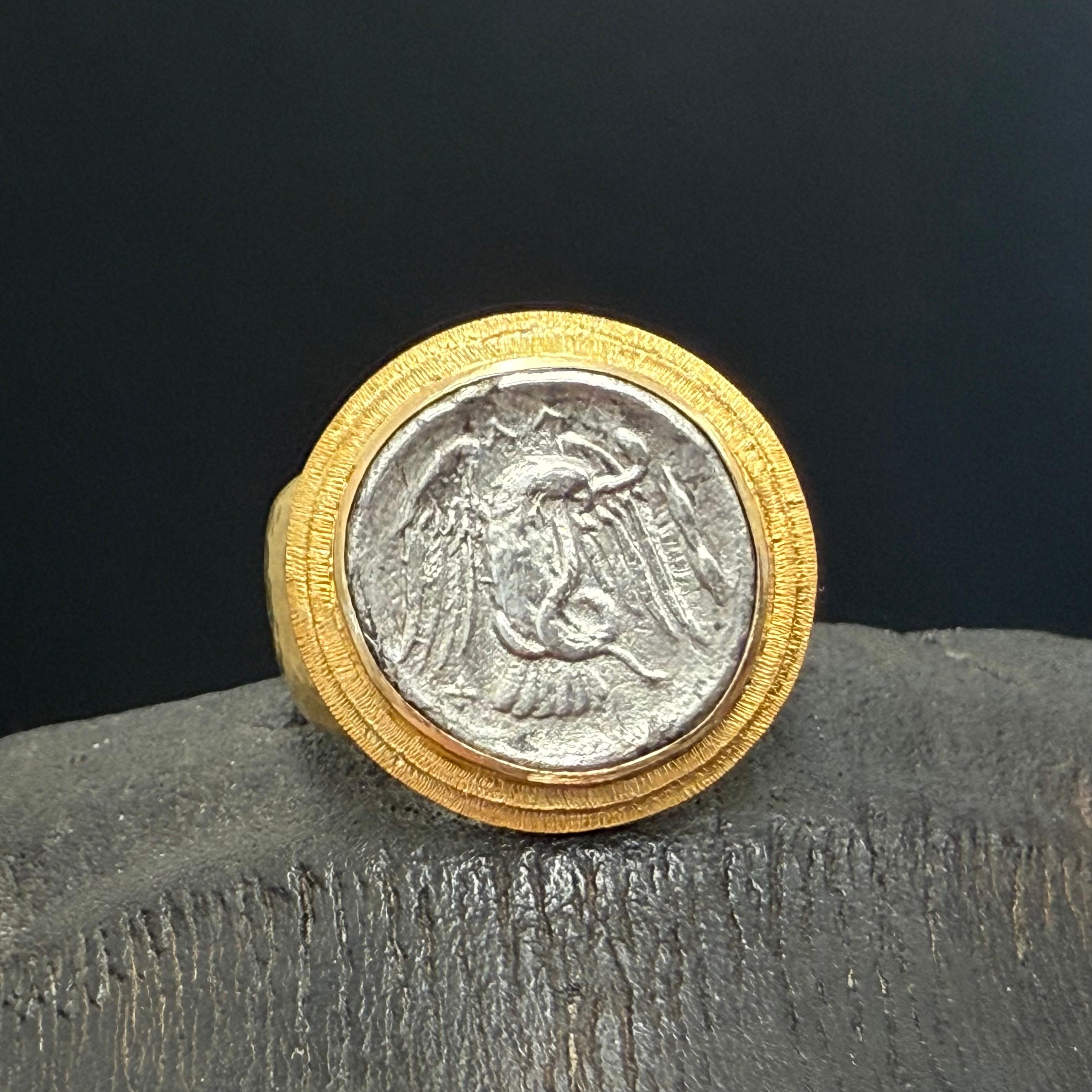 Ancient Greek 4th Century BC Eagle Coin 18K Gold Mens Ring For Sale 3