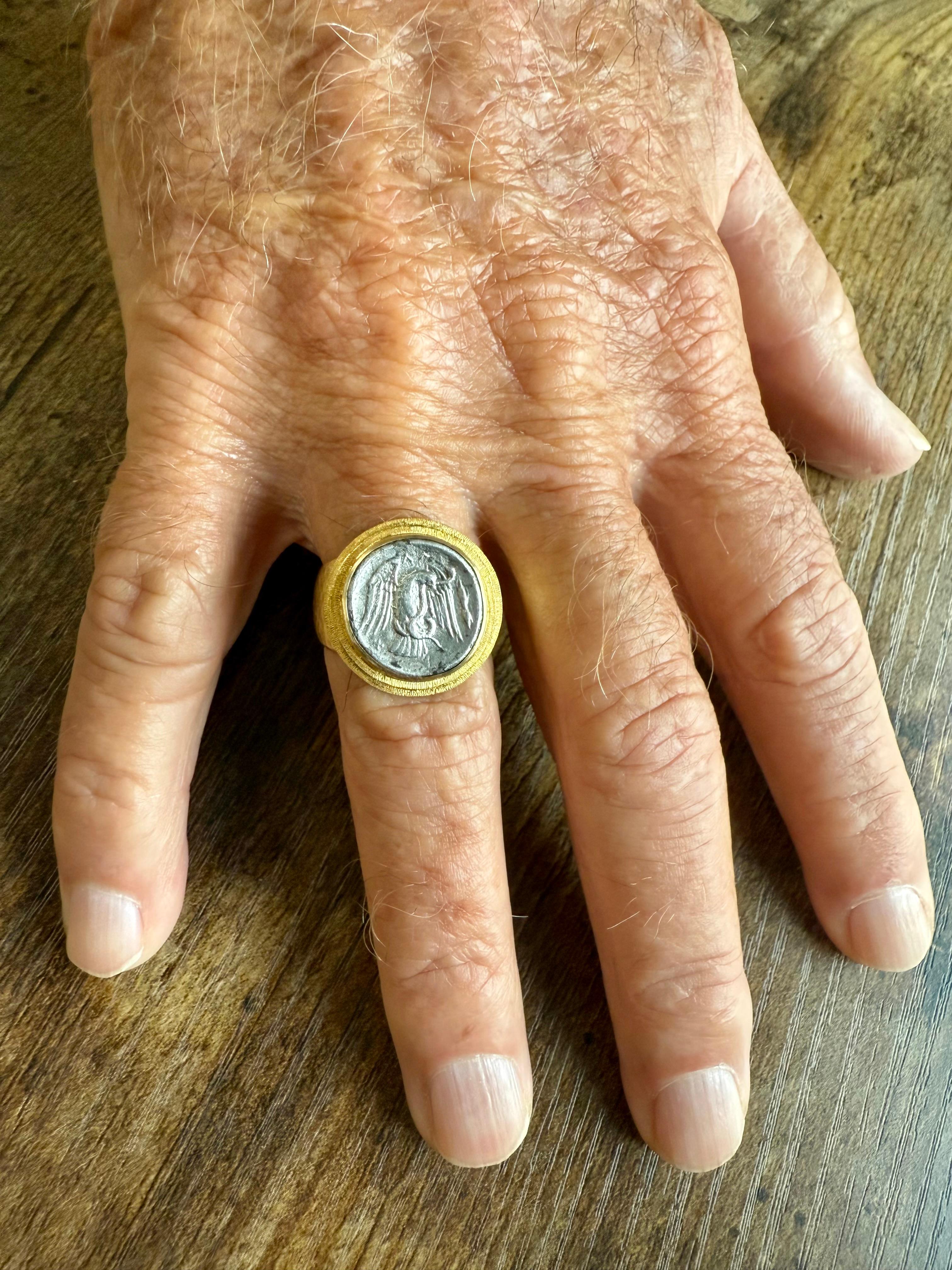 Ancient Greek 4th Century BC Eagle Coin 18K Gold Mens Ring For Sale 4