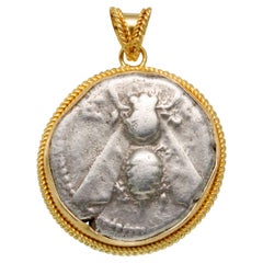 Retro Ancient Greek 4th Century BC Ephesus Bee Coin 18K Gold Pendant 