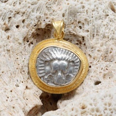 Ancient Greek 4th Century BC Facing Lion Coin 18K Gold Pendant
