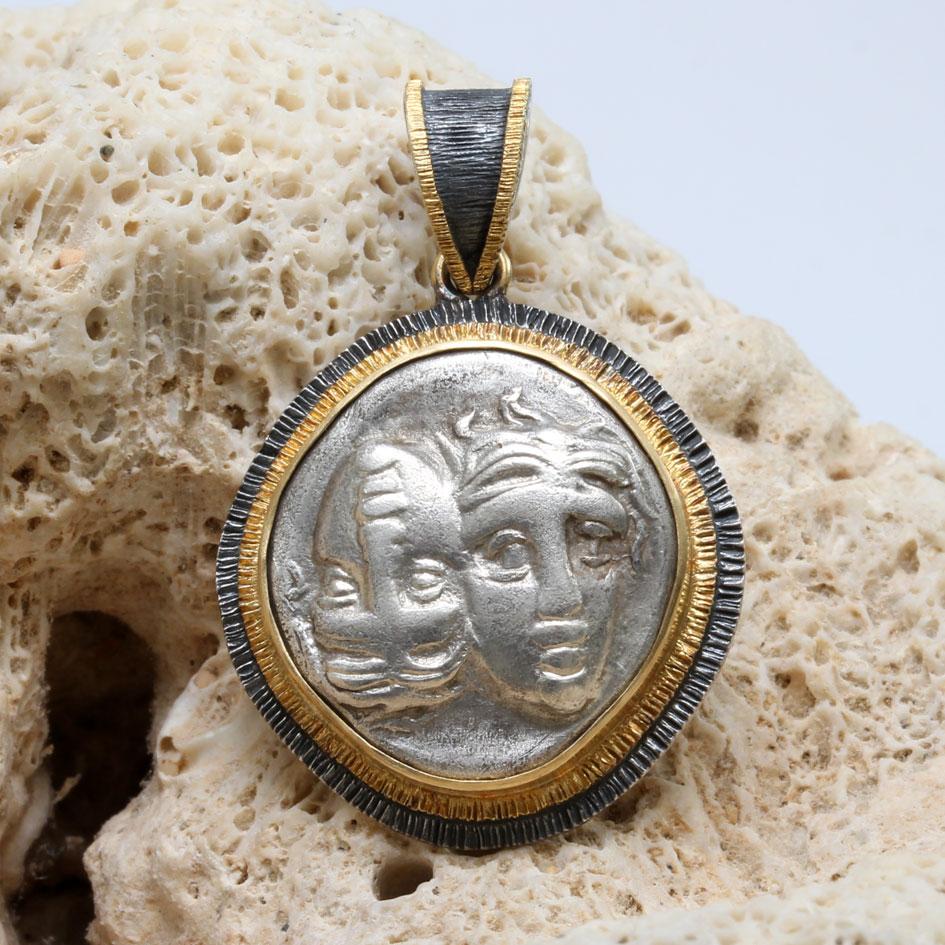 Classical Greek Ancient Greek 4th Century BC Gemini Stater Silver 18K Gold Pendant With Chain For Sale