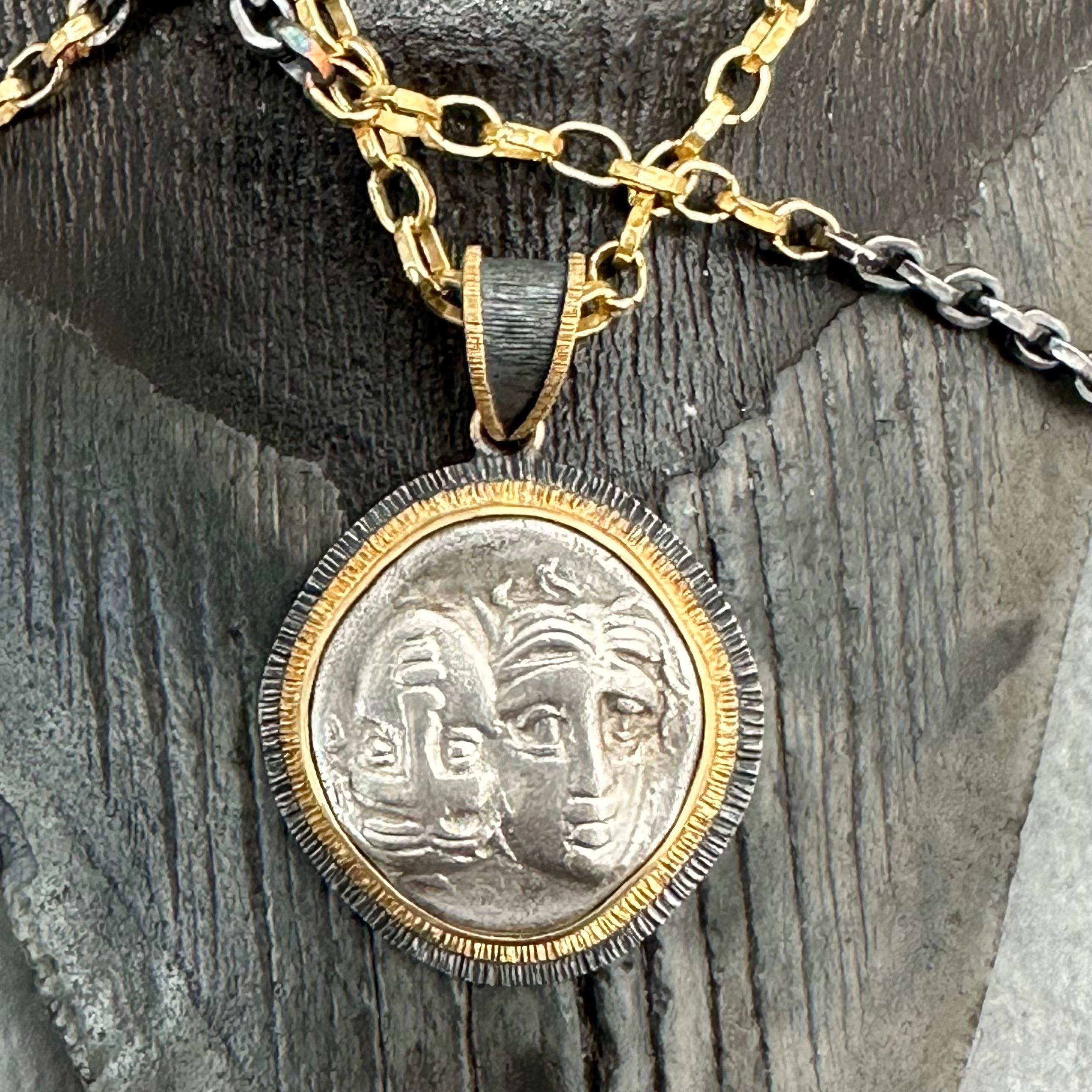 Ancient Greek 4th Century BC Gemini Stater Silver 18K Gold Pendant With Chain For Sale 3