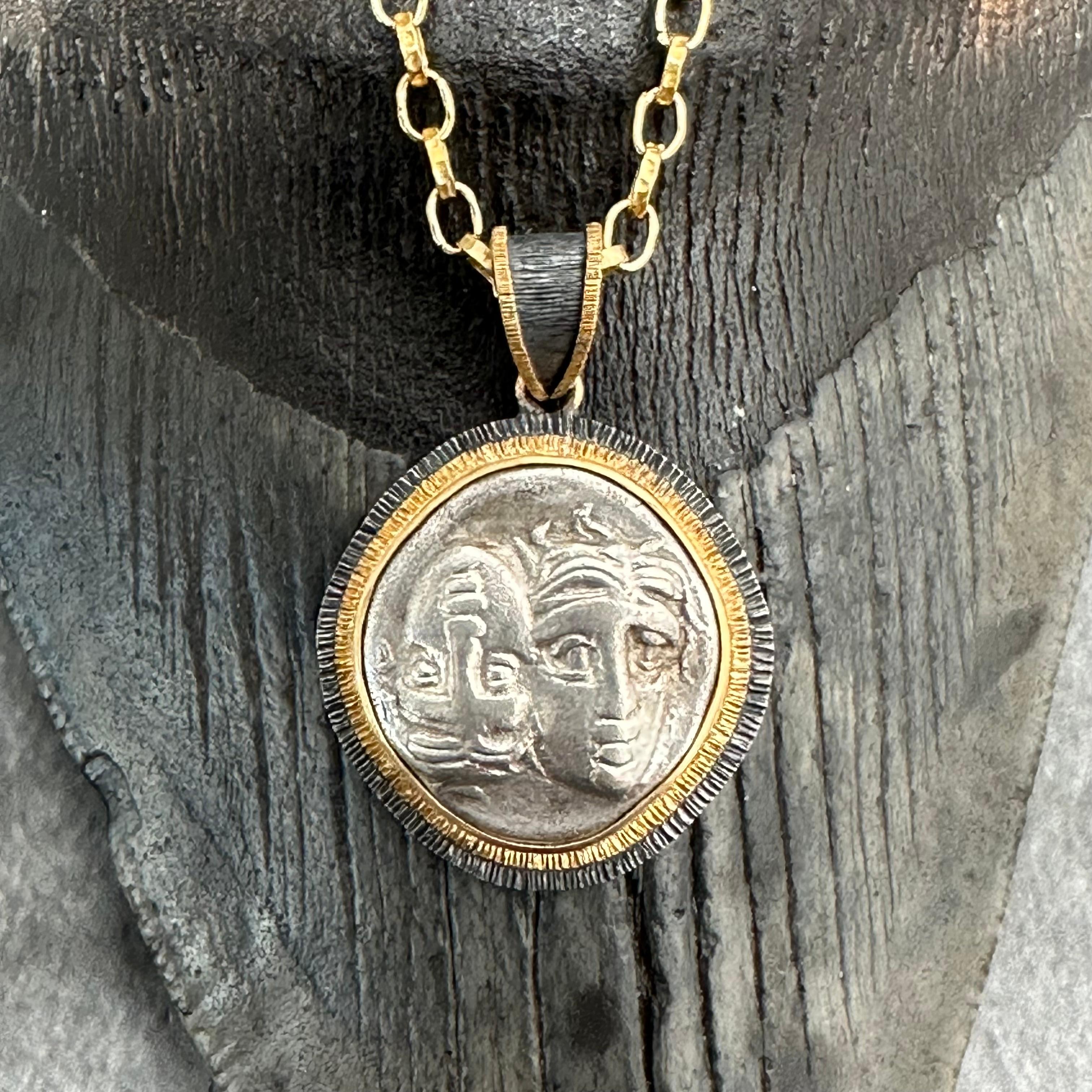 Ancient Greek 4th Century BC Gemini Stater Silver 18K Gold Pendant With Chain For Sale 4