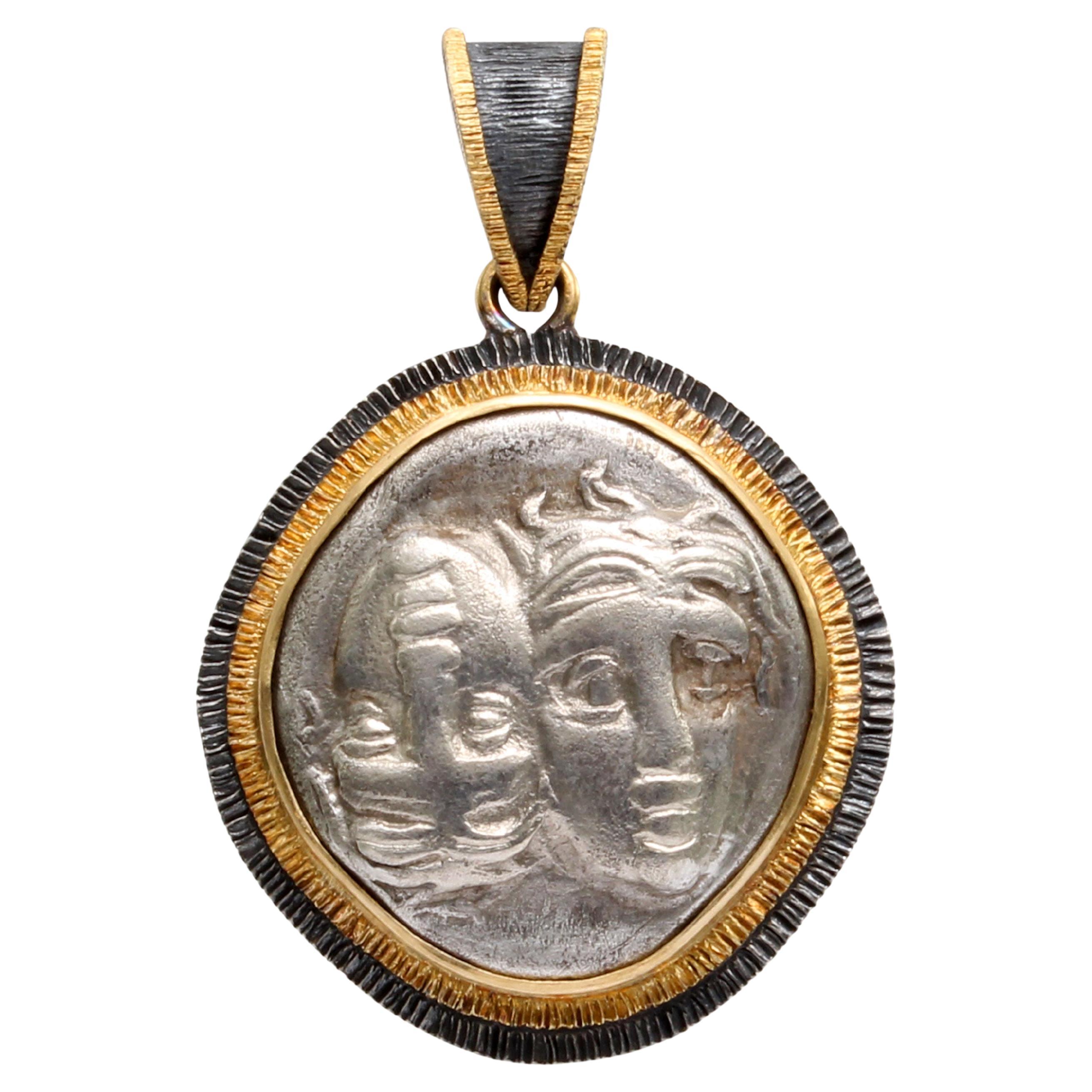 Ancient Greek 4th Century BC Gemini Stater Silver 18K Gold Pendant With Chain For Sale